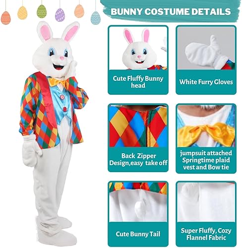 Miniatura 5 de Disfraz de conejo de Pascua para adultos, disfraz de mascota de conejo de lujo, enterizo para fiesta, talla grande, traje de vacaciones para