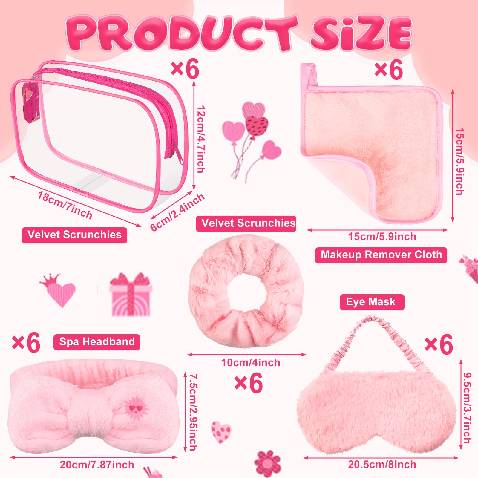 Lot de 30 accessoires de fête pyjama pour filles comprenant 6 bandeaux à nœud rose, 6 masques de sommeil en peluche, 6 chouchous en velours, 6 chiffons démaquillants et 6 trousses cosmétiques en PVC
