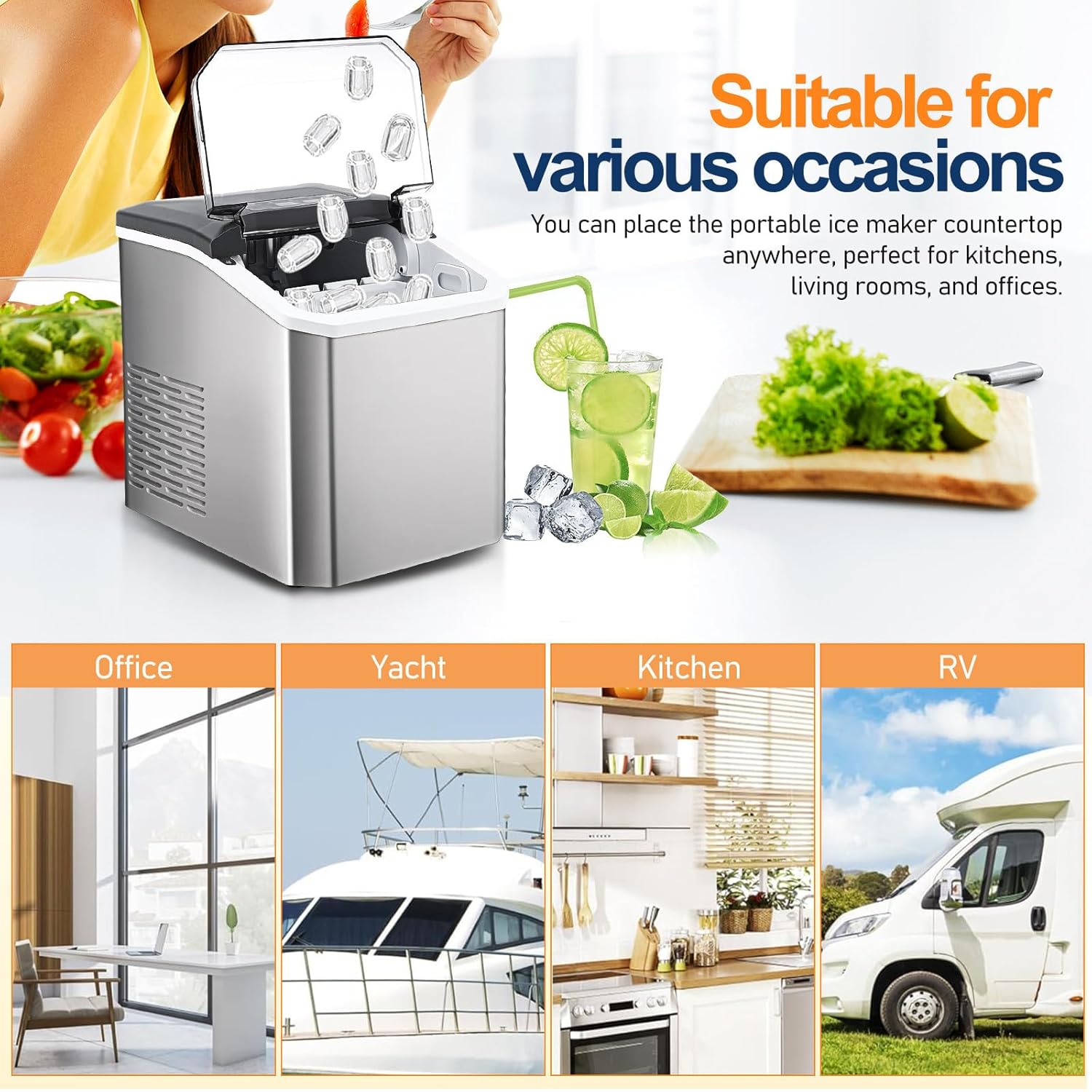 NUOBESTY Portable Countertop Ice Maker Machine, Small Cube Ice Maker for Home Kitchen Office, Transparent Window Rapid Cooling, with Us Plug