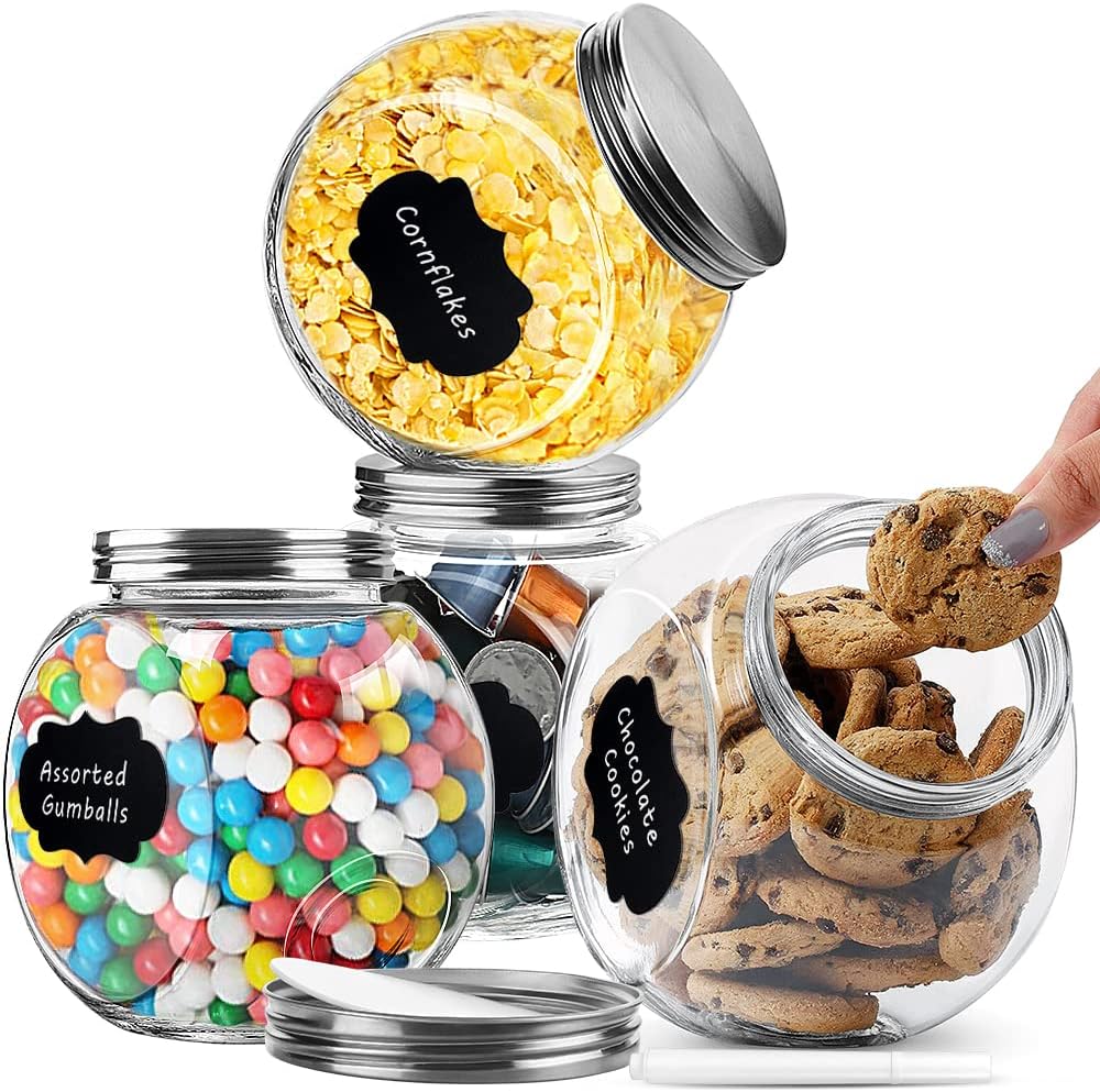 Folinstall 4 Pcs 1/2 Gallon (2000ml) Glass Cookie Jar with Lid, Penny Candy Jar, Glass Storage Canister Great for Cereal, Nuts, Sugar, Flour, Chip and Cookies. Extra Labels and Chalkboard Included