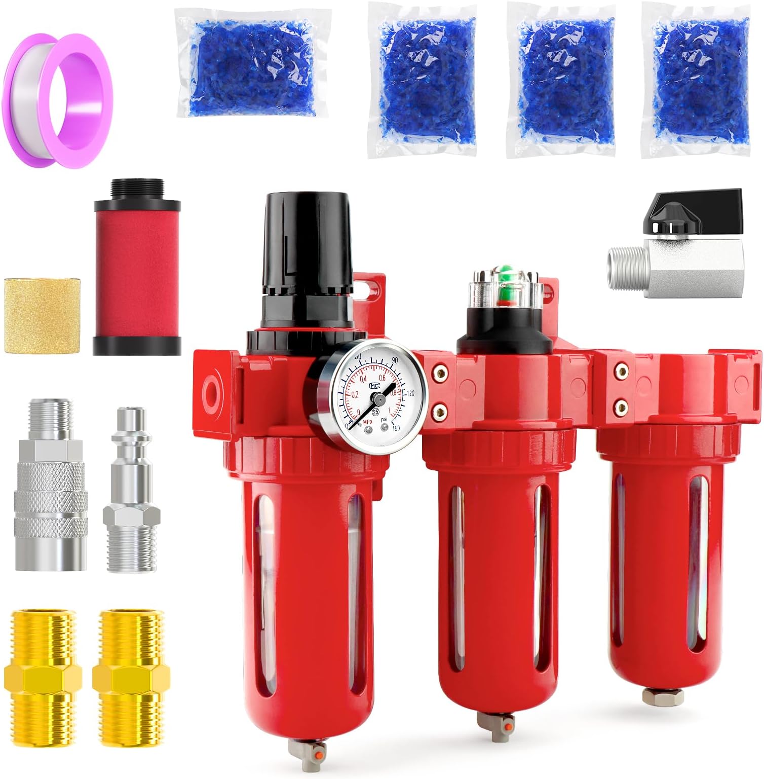 3/8" NPT 3 Stage Aluminium Air Drying System,Coalescing Filter, Particulate Filter, Desiccant Dryer and Air Regulator, Manual Drain, Mid Flow, For Plasma Cutter and Paint Spray