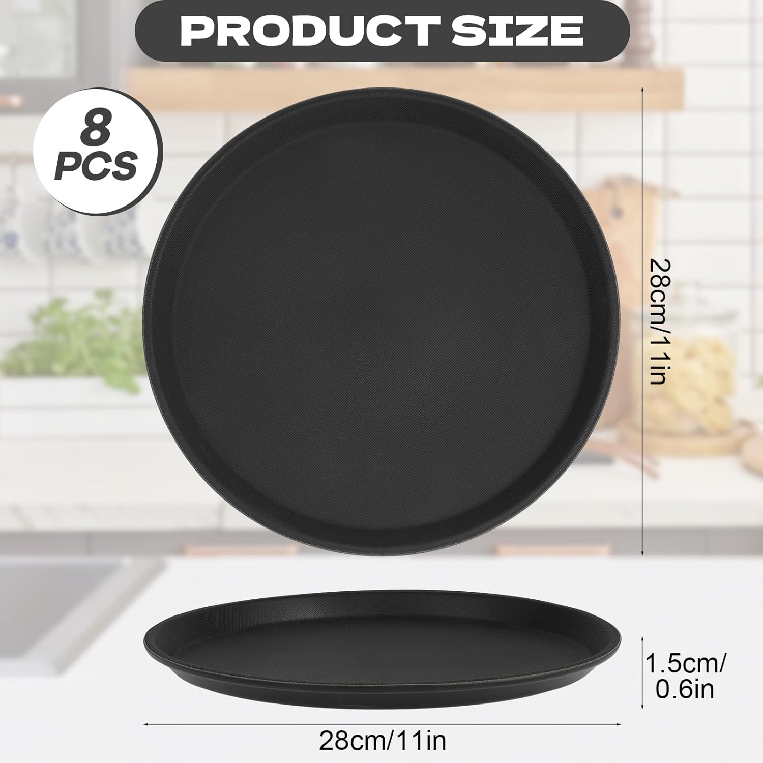 8Pcs Black Round Restaurant Serving Trays, Plastic Non Slip Surface Circle Fruit Appetizer Flat Tray Food Drink Server Tray with Raised Edges for Home, Restaurant, Cafeteria, Bar, Cocktail (11 in) - Image 2