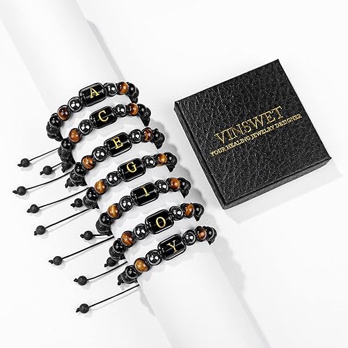 Miniatura 8 de Pulseras de cuentas con iniciales para hombre, pulsera de triple protección de 0.315 in de obsidiana y hematita, hecha a mano con letras de piedra