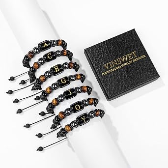 Vinswet Initial Beaded Bracelets for Men,8mm Tiger Eye Obsidian Hematite Triple Protection Bracelet, Natural Crystal, tiger eye