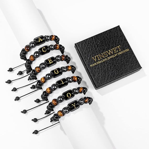 Vinswet Initial Beaded Bracelets for Men,8mm Tiger Eye Obsidian Hematite Triple Protection Bracelet, Natural Crystal, tiger eye