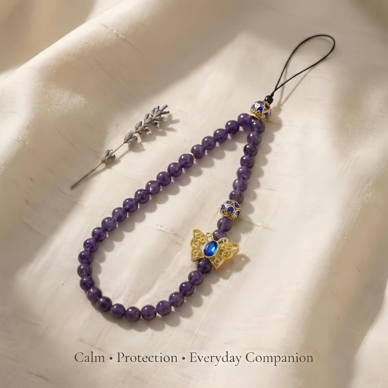 Phone Wrist Strap Gold Butterfly Charm Chalcedony Beaded Chain image 4