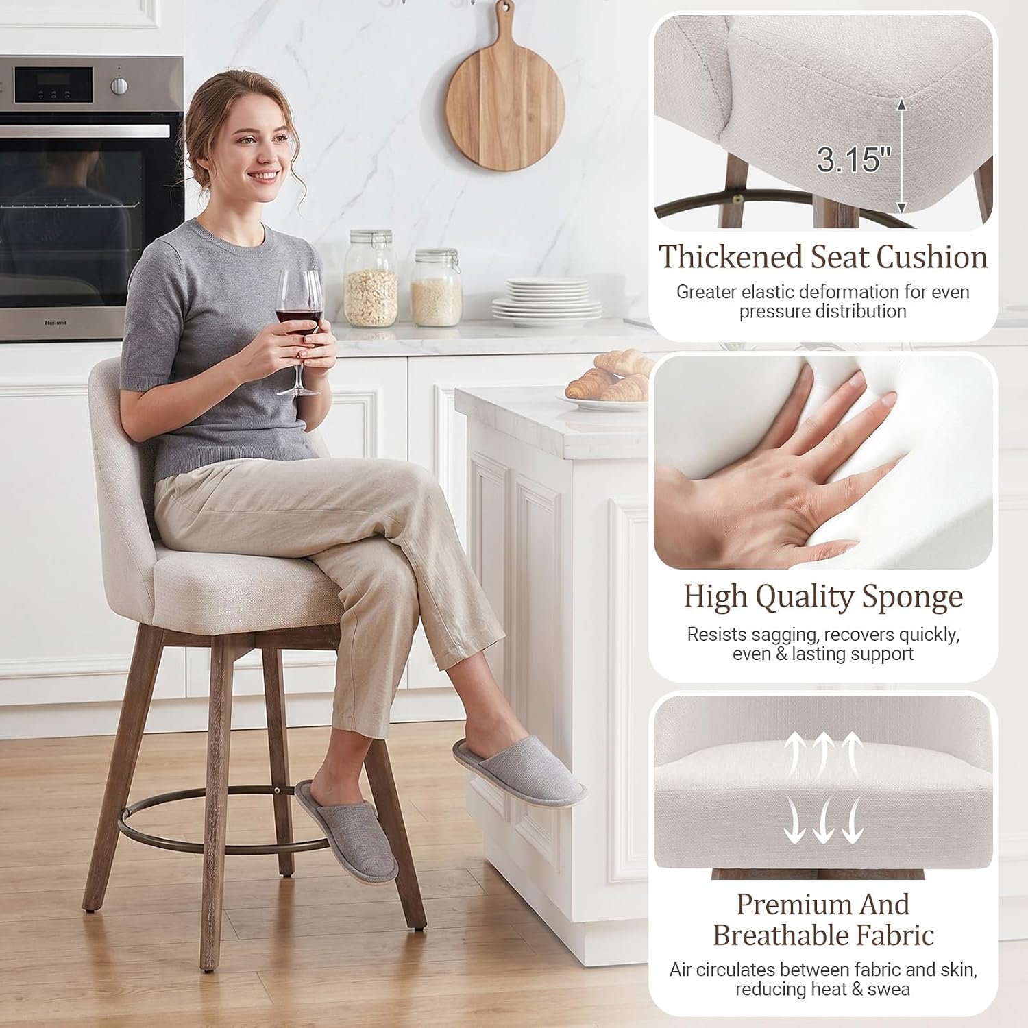 Bekrvio Counter Height Bar Stools, Modern Mid-Century Swivel Barstools with Backs and Wood Legs, Linen Fabric Upholstered Bar Chairs, 26" Seat Height Counter Stools for Kitchen Island, Off White
