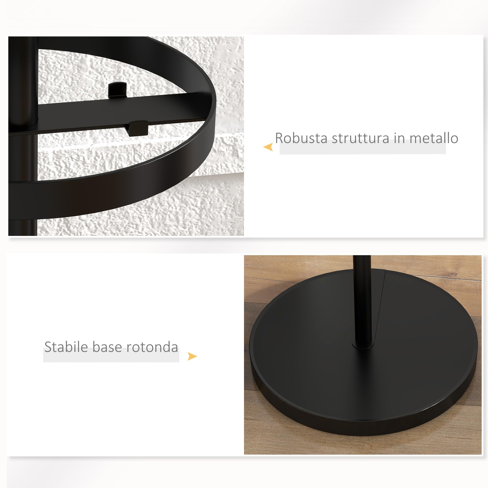 HOMCOM Appendiabiti da Terra con 8 Ganci in Metallo, Attaccapanni da Ingresso e Corridoio con Portaombrelli, Ø34 x 177cm, Nero