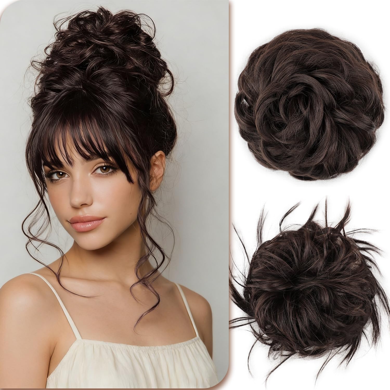 AISI BEAUTY 2PCS Messy Bun Hair Piece Tousled Updo Hair Buns Hair Pieces Wavy Curly Hair Buns Scrunchies Synthetic Chignon Ponytail Hairpieces for Women(Dark Brown)