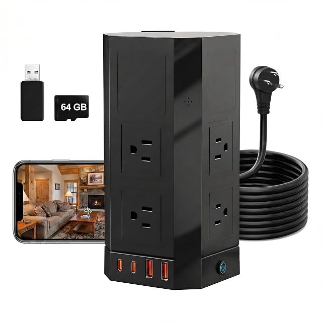 Surge Protector Power Strip with Hidden Camera for Home Office