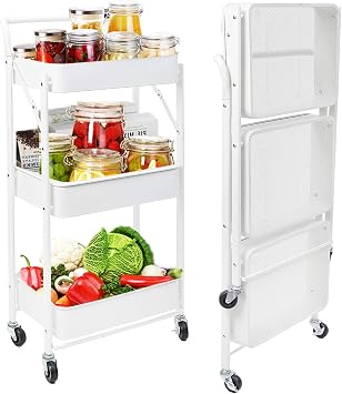 3 Tier Rolling Foldable Utility Cart with Handle and Roller Wheels Free Installation with Metal Storage Mesh Basket and Easy Assembly for Bathroom, Kitchen, Office, White ABS