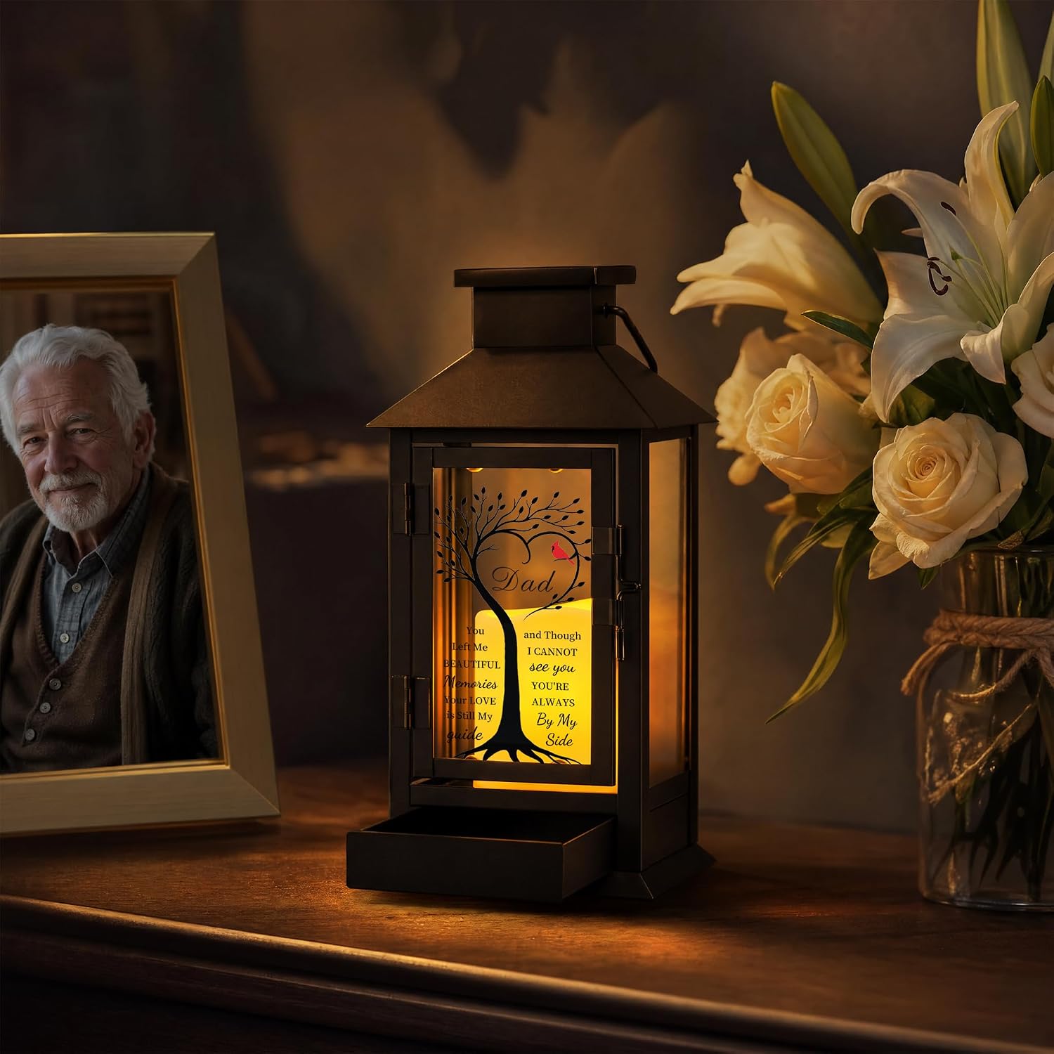 Sympathy Memorial Gifts for Loss of Father, Memorial Lantern with Drawer for Keepsakes, Condolences Bereavement Gifts for Loss of Dad, Black