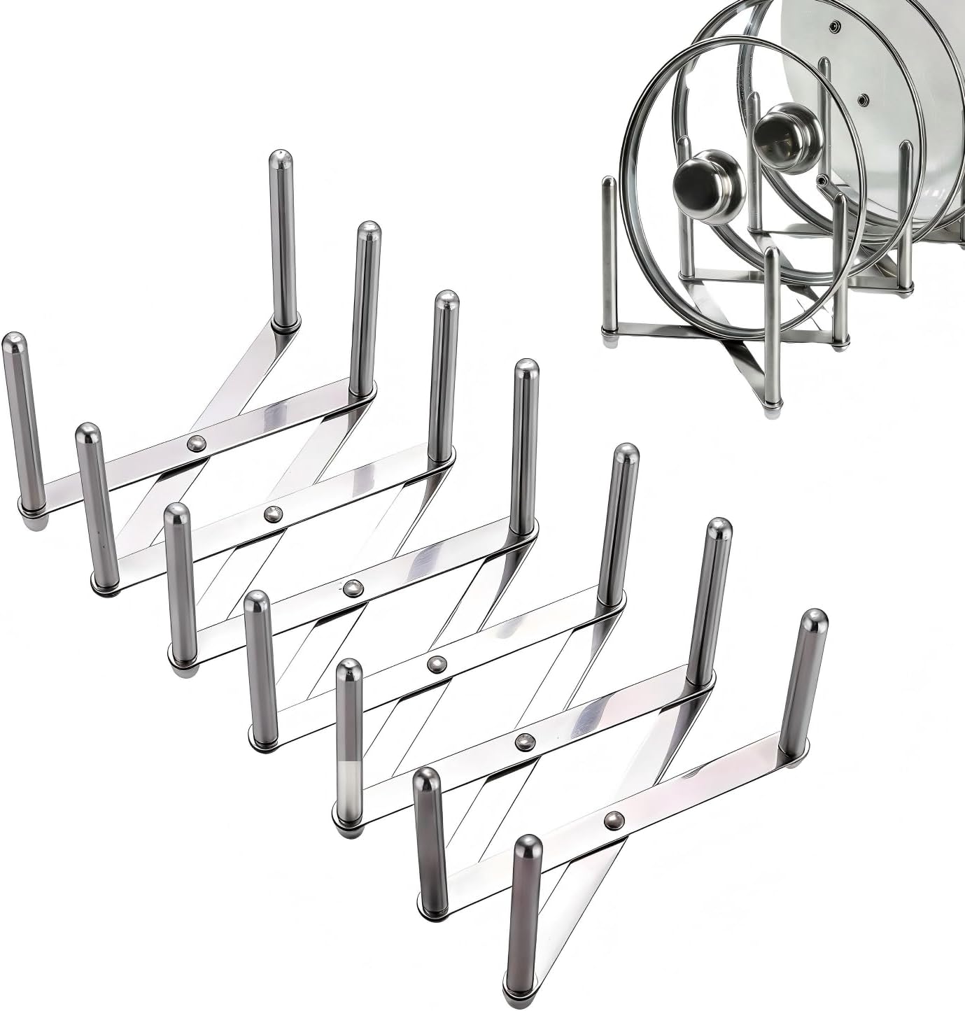 Astero Retractable Stainless Steel Pot Lid Organizer, Adjustable Lid Holder Rack for Cabinet or Countertop, Space-Saving Kitchen Storage for Lids, Plates and Cookware