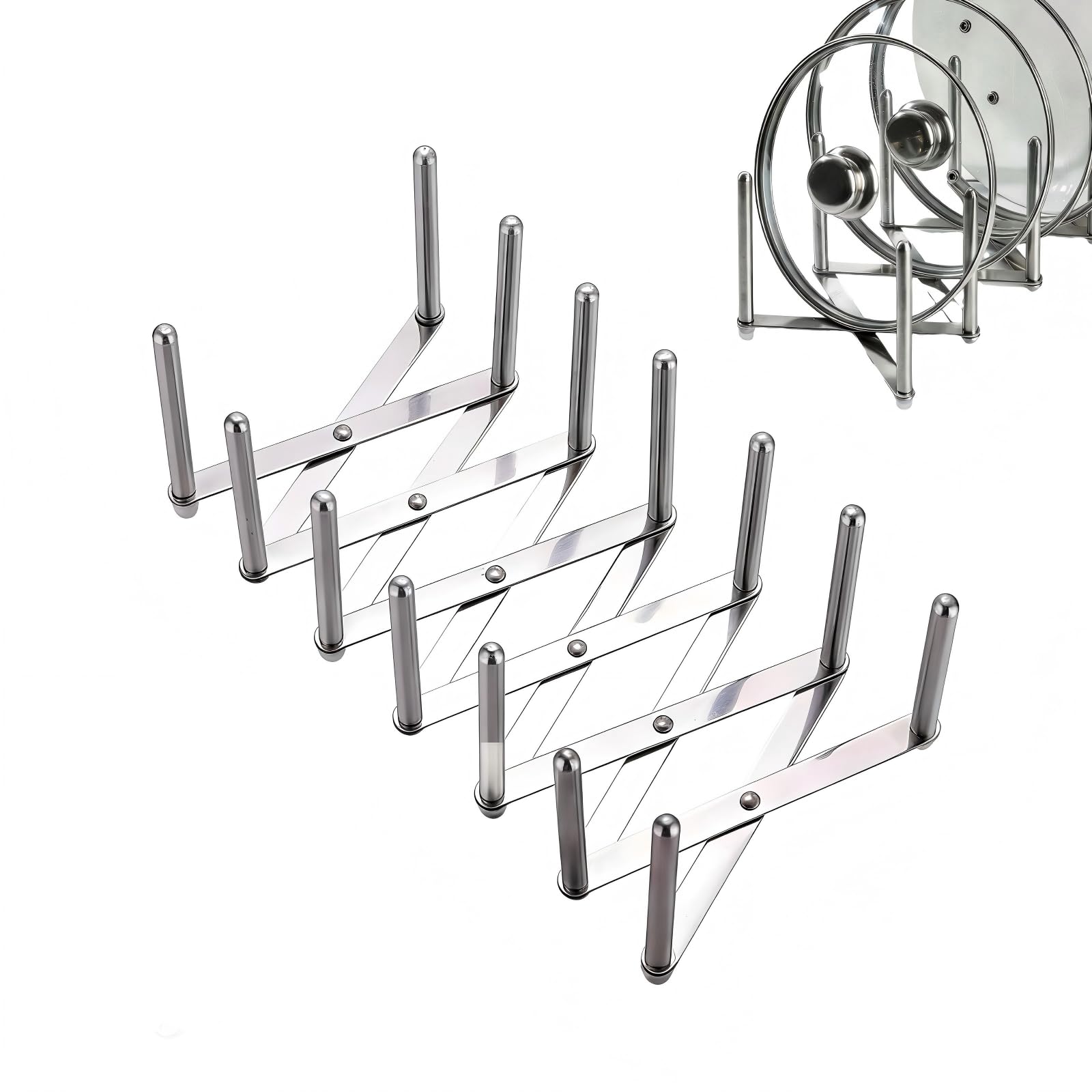 Astero Organizador retráctil de acero inoxidable para tapa de olla, estante ajustable para gabinete o encimera, almacenamiento de cocina que ahorra espacio para tapas, platos y utensilios de cocina