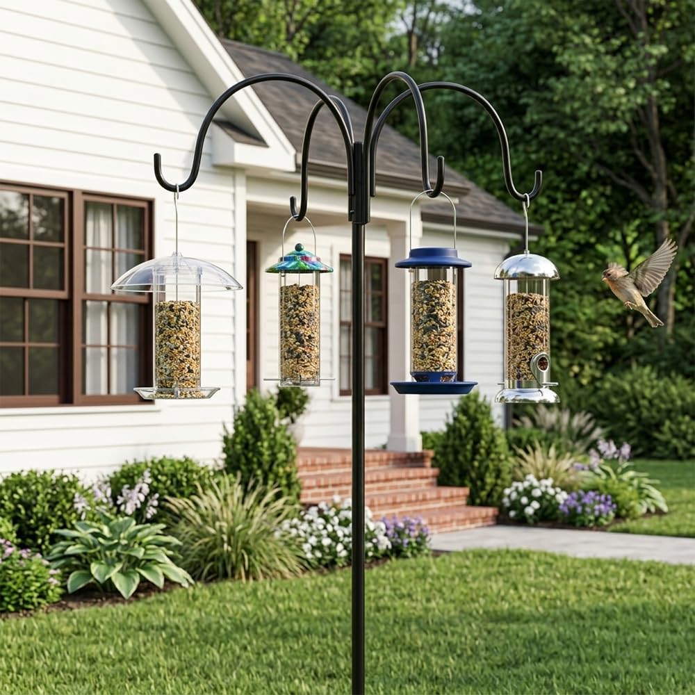 Shepherd Hook - Windproof Anti-Tip Base & 4 Heavy-Duty Hooks (for Planters, String Lights, Wedding Arch Decor)