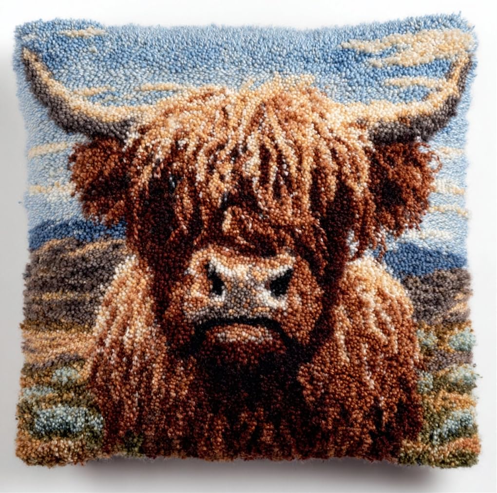 Taxpy Latch Hook Kits Pillow Highland Cattle Printed Cushion Crochet Yarn Embroidery Needlework Hook and Latch Kit Pillowcase Rug Cover Home Decor 43X43Cm