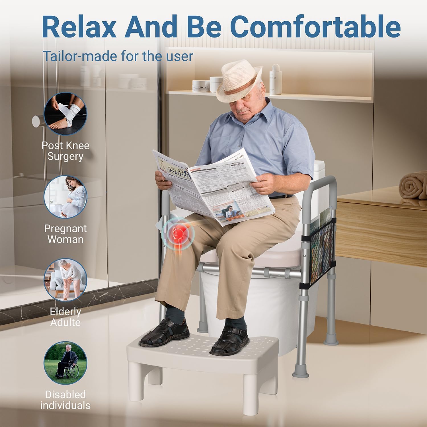 Raised Toilet Seat with Handles, Toilet Seat Riser for Seniors with Adjustable Height & Width, 450lbs Handicap Elevated Toilet Seat for Elderly, Pregnant, Fit Any Toilet (Add Assistance Steps)