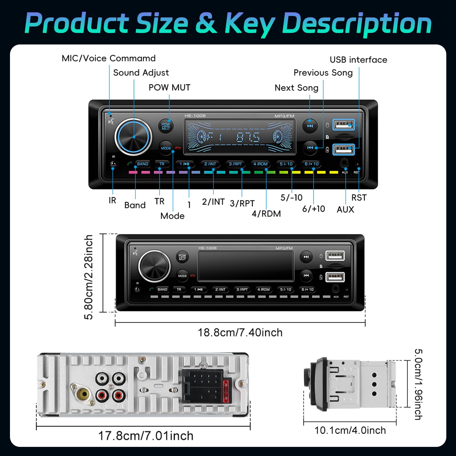 NHOPEEW Autoradio Bluetooth 1 Din con display LED RGB - Autoradio FM 1 Din con doppia porta USB SD Card AUX + telecomando