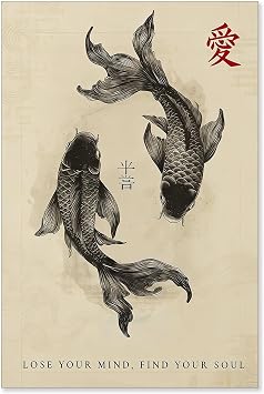 LZMXWX Japanese Black Koi Fish Poster Vintage Chinese Ink Painting Koi Canvas Wall Art Red Love Script Minimalist Prints Painting For Home Bedroom Dorm Wall Decor 12x18in Unframed