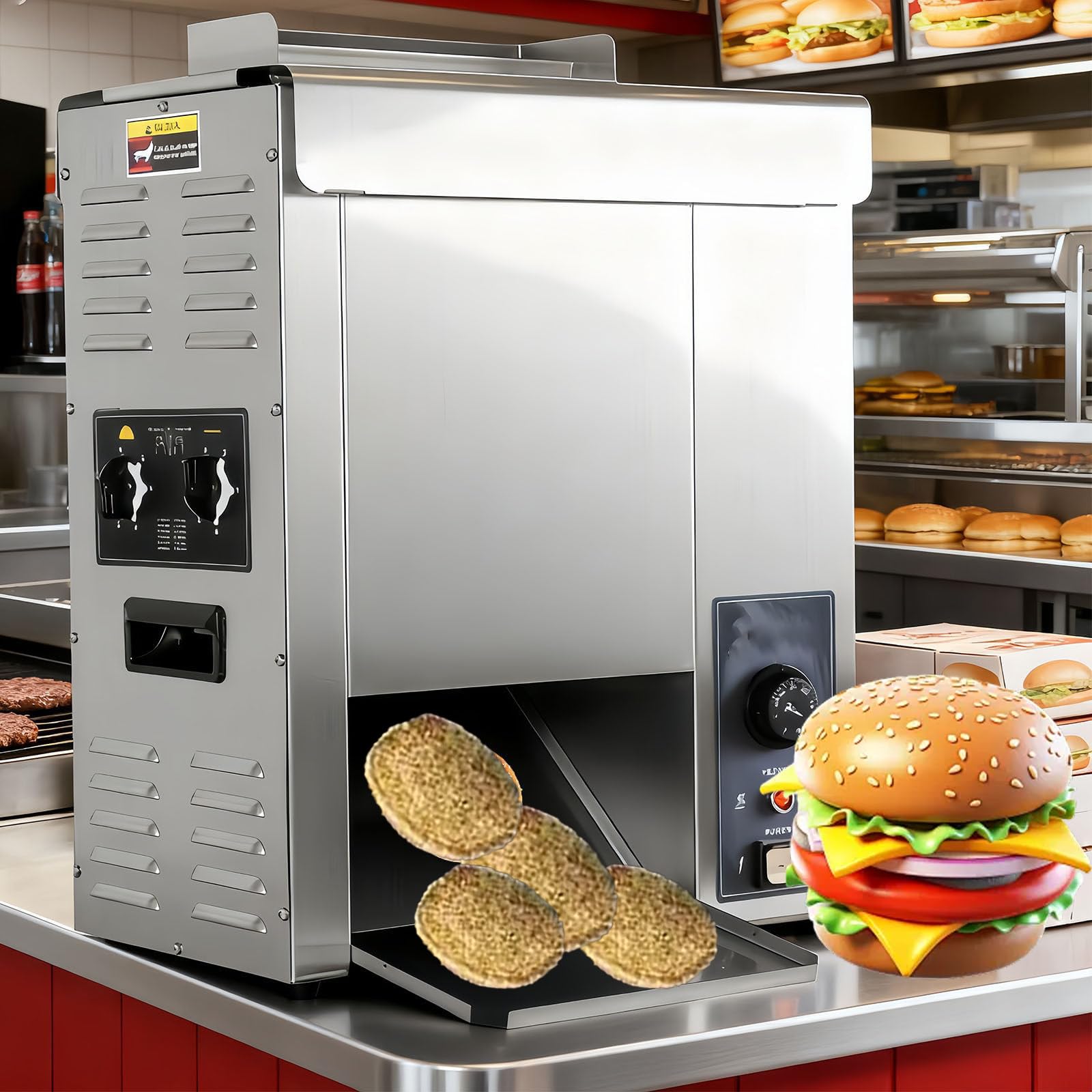Tostadora De Hamburguesas Comercial con Cinta Transportadora, 50 ℃-300 ℃, 2000 W, con Cadena Eléctrica para Hornear Pan, Tostadas Y Bollos, Grosor Ajustable