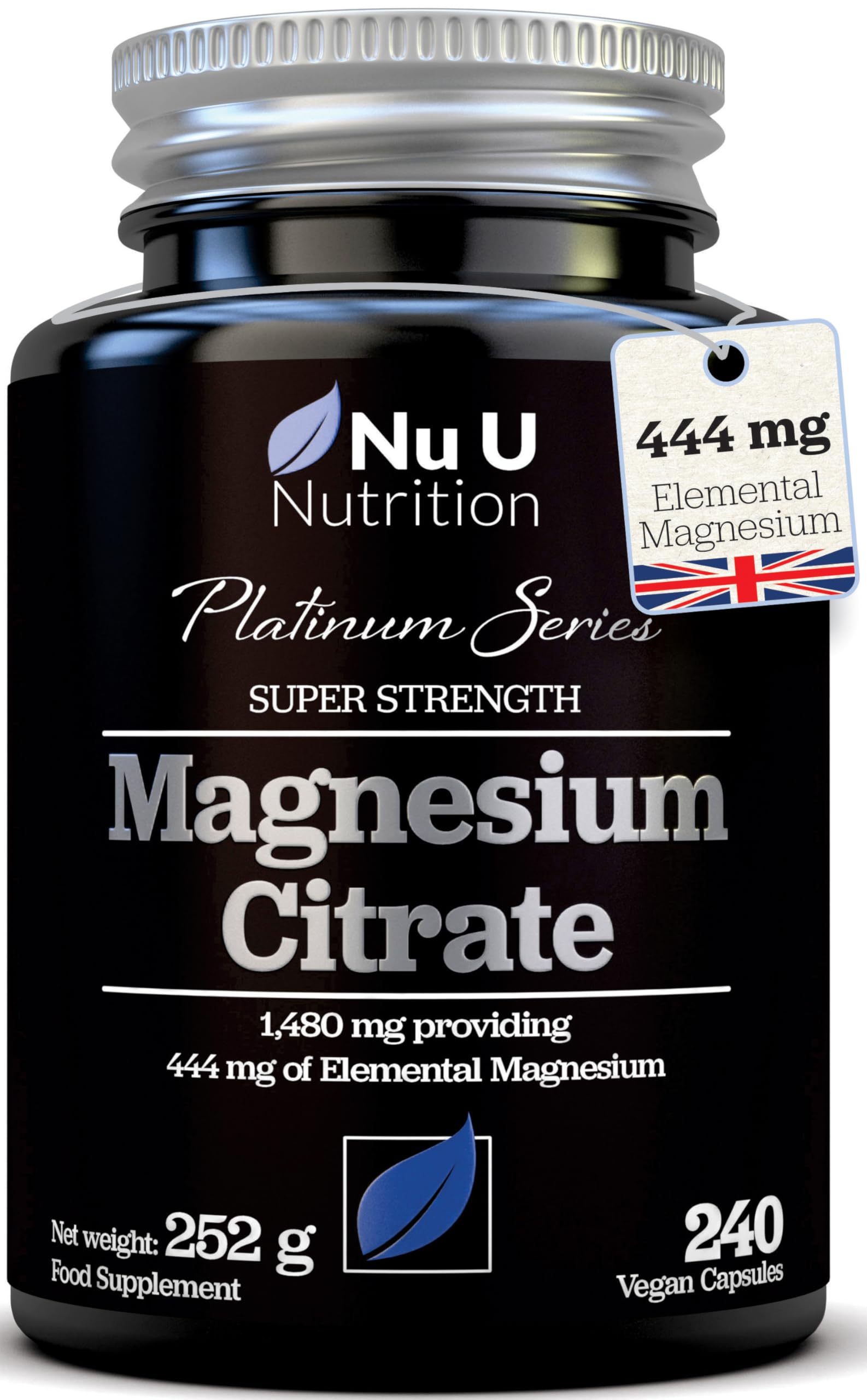 Magnesium Citrate 1480mg - 240 Vegan Capsules - 4 Month Supply - Providing 444mg Elemental Mag - Capsules not Tablets - High Strength Supplement - Made in The UK - Nu U Nutrition