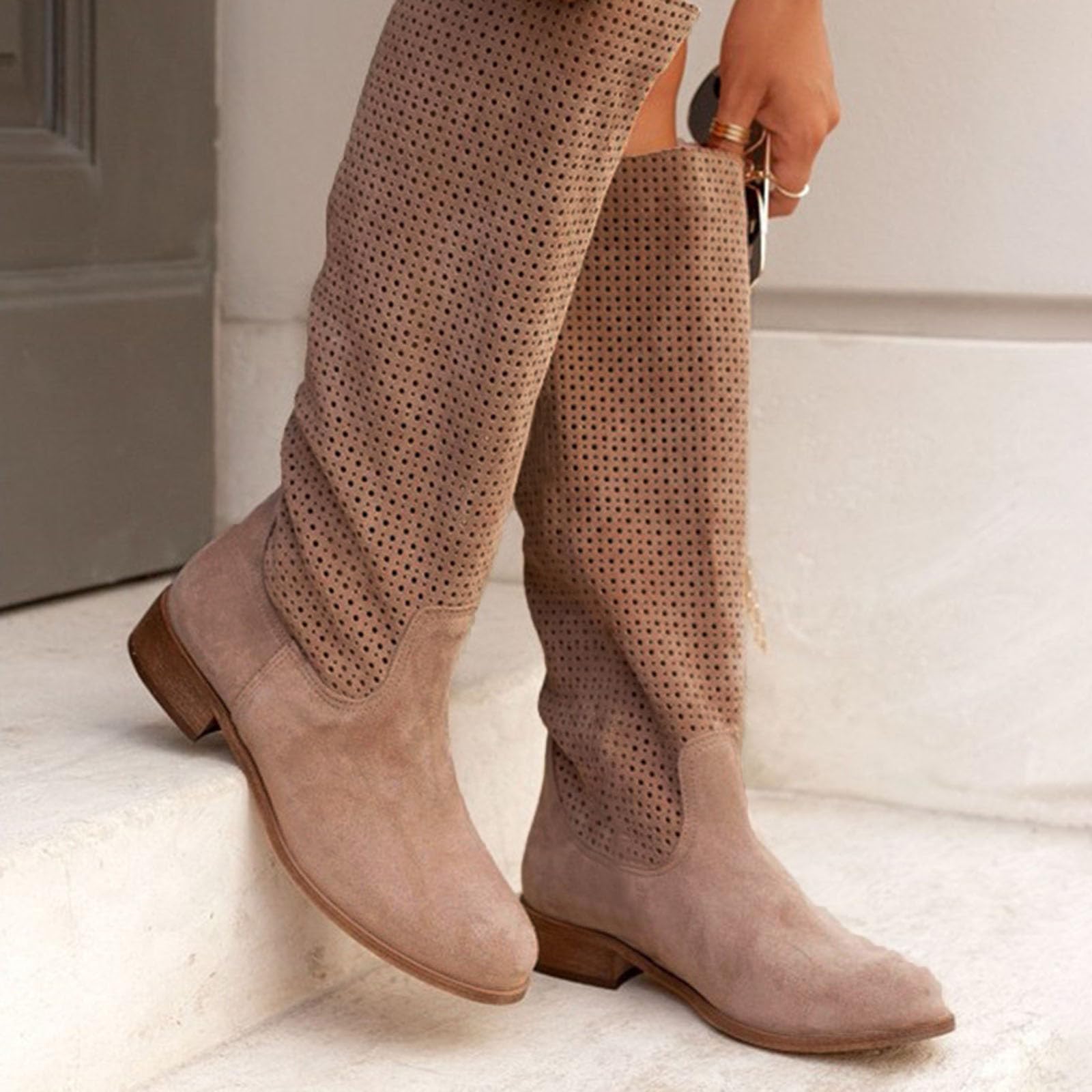 Generisch Stivali da equitazione da donna comodi e traspiranti in pile con tacco basso e testa rotonda per donna in inverno e in inverno