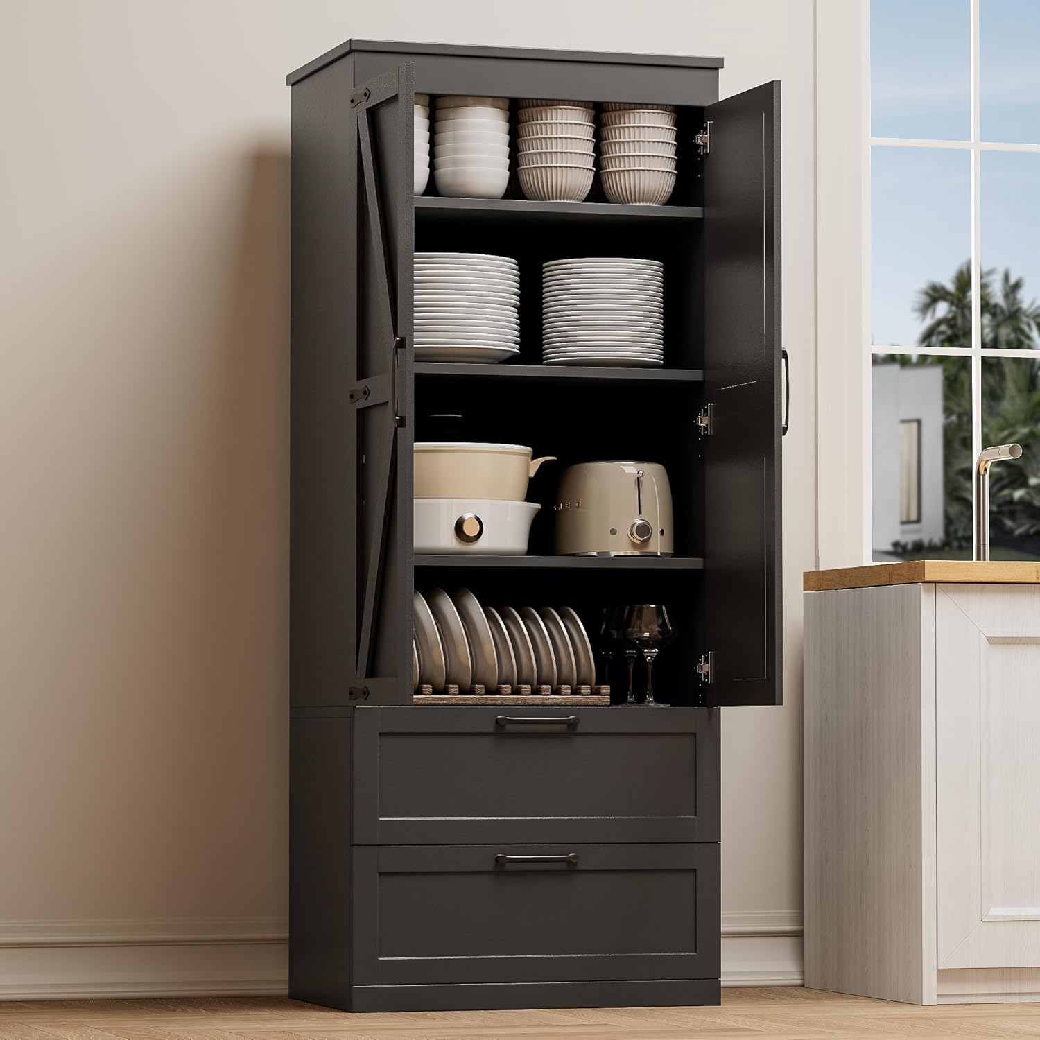 71” H Kitchen Pantry Cabinet, 4-Tier Farmhouse Storage Cabinet with Barn Doors, 2 Drawers, Adjustable Shelf, Freestanding Cupboard for Kitchen, Bathroom, Living Room (Black)