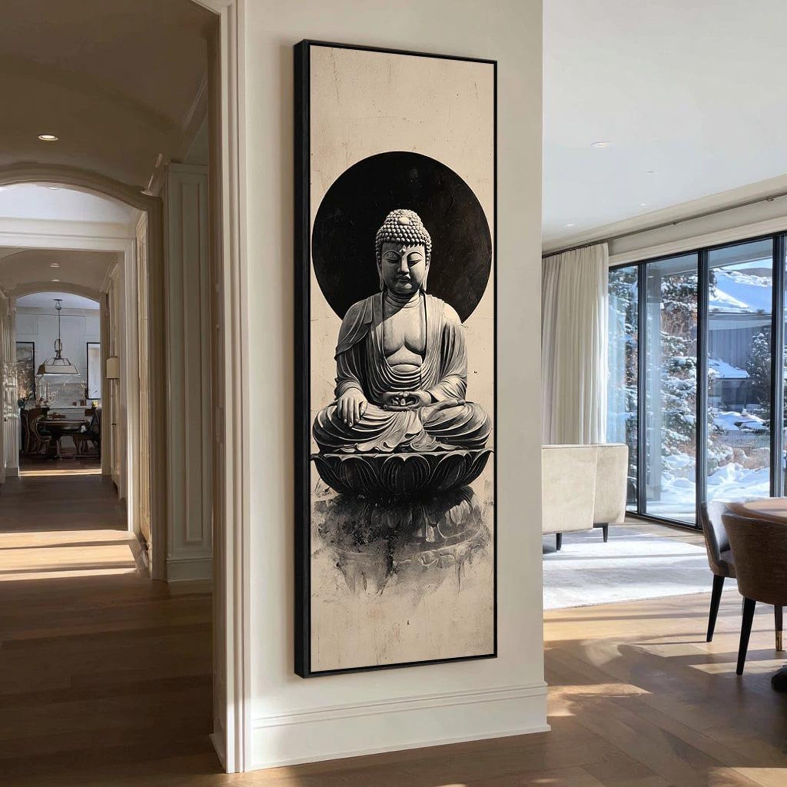 YUSUZHU Tela artistica Yoga, decorazione murale spirituale, stampa del Buddha in meditazione, dipinto del Buddha alto e stretto, opera d'arte su tela verticale (20x60 cm/cornice interna)