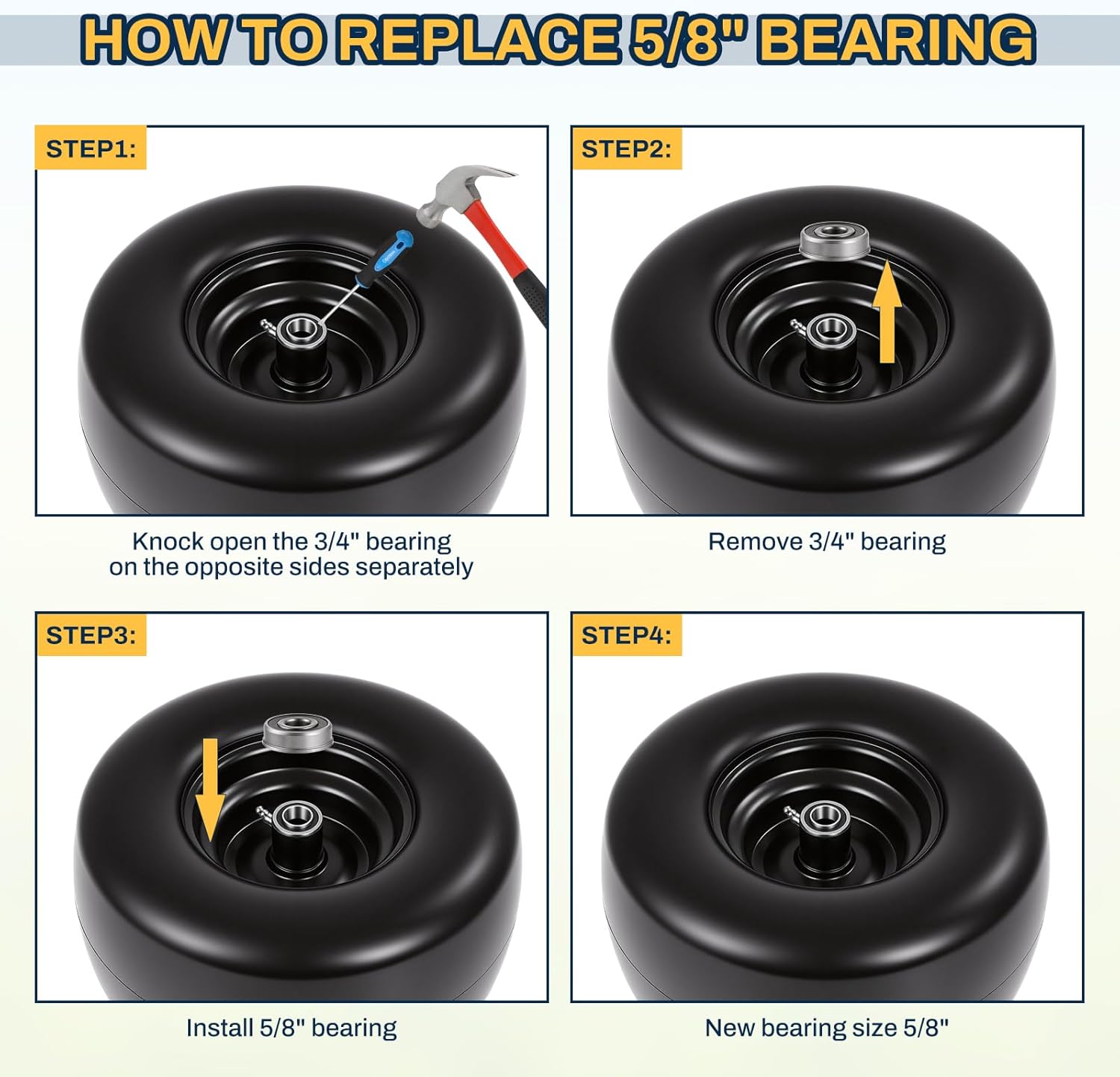 13x6.50-6 Flat Free Lawn Mower Tires and Wheel, 13x6.50-6 Solid Smooth Replacement Front Tires for Zero Turn Lawn Mowers, with 3/4" & 5/8" Bearings, 4"- 8.2" Centered Hub, 2 Pack