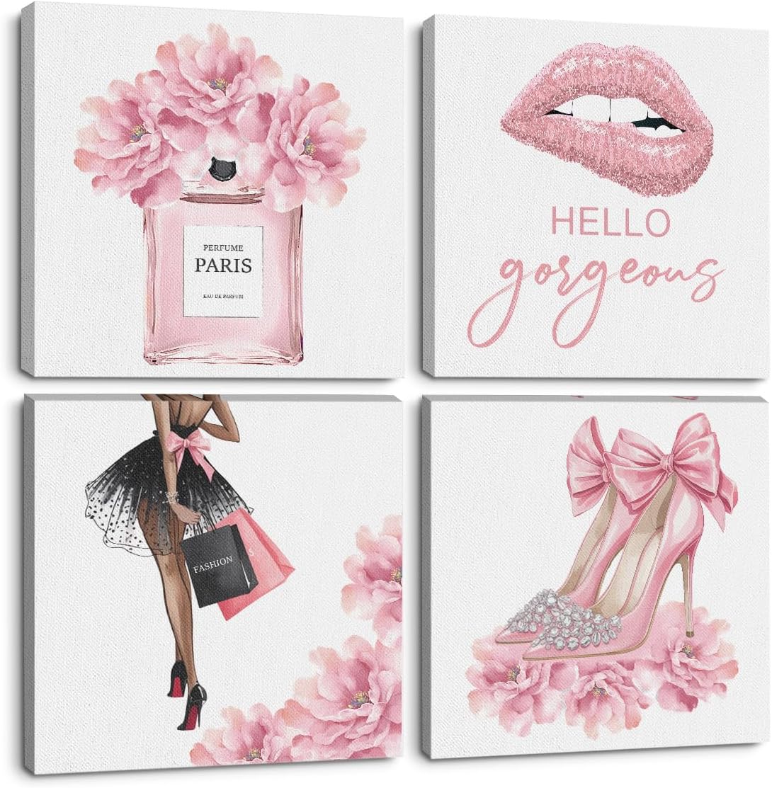 4 Pcs Pink Fashion Canvas Wall Art, Perfume High Heels Lipstick Beauty Wall Decor, Aesthetic Framed Posters Art Prints Artwork Pink Pictures for Women Girls Room Apartment Vogue Living Room Decor