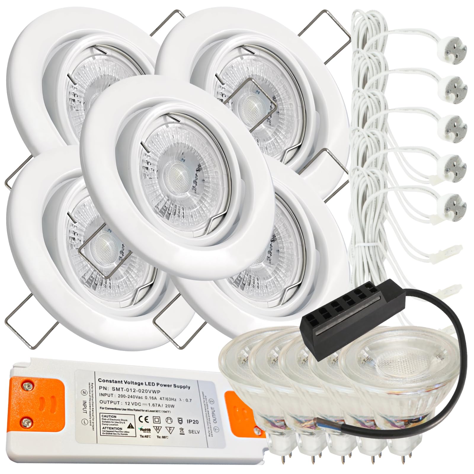 LED Einbauleuchten 12V schwenkbar 5er Set – MR16 5W Neutralweiß (4000K) mit AMP-Stecksystem und Trafo – 55 mm Einbautiefe – weiße Deckenstrahler für Wohnbereich, Küche, Flur