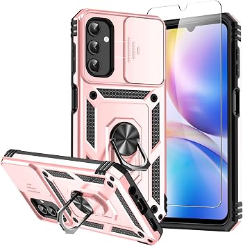 for Samsung Galaxy A14 5G Case with Screen Protector & Camera Lens Cover, [Military Grade] 16FT Drop Tested, Magnetic Kickstand Rugged Shockproof Protective Case for Samsung A14 5G, Rose Gold