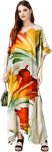 Women's Ethnic Wear Elegant Multicolor Silk Maxi Dress – Silk Sutra Women's V-Neck, 3/4 Sleeves Nightgown (STC-SILK-KAFTA...