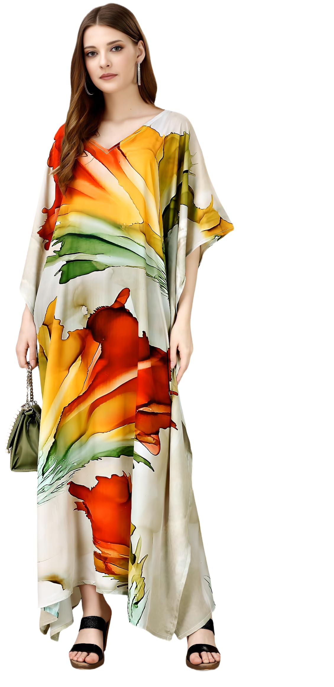 Women's Ethnic Wear Elegant Multicolor Silk Maxi Dress – Silk Sutra Women's V-Neck, 3/4 Sleeves Nightgown (STC-SILK-KAFTAN-178