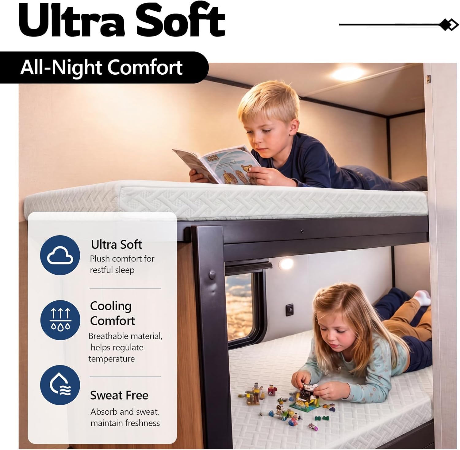 Novabright RV Corner Bunk Mattress, 4" Thick Memory Foam, Reversible Dual Comfort Design, Breathable Removable Cover, 51" W x 74" L with 22" Diagonal Corner Cut, for Campers & Trailers