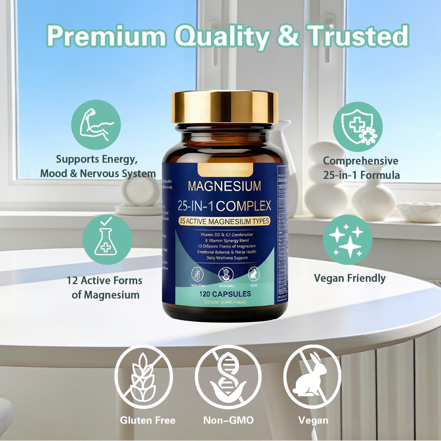 25-in-1 Magnesium Complex Supplement with Ashwagandga | High Absorption Magnesium Glycinate for Muscle, Nerve & Sleep Support | Vegan Stress Relief & Energy Support Capsules for Women & Men, 120 Count