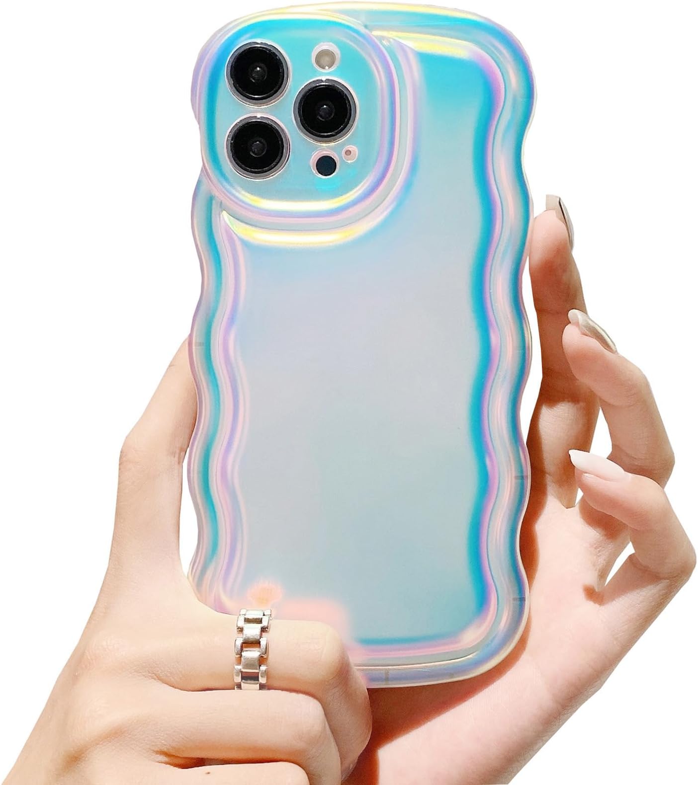 Wlz for iPhone 14 Pro Max Case Curly Wave Frame Cute Design, Iridescent Fluorescent Matte Fashion Phone Cases for Women Girls Luxury Rainbow Silicone Shockproof Soft TPU Bumper Protective Cover