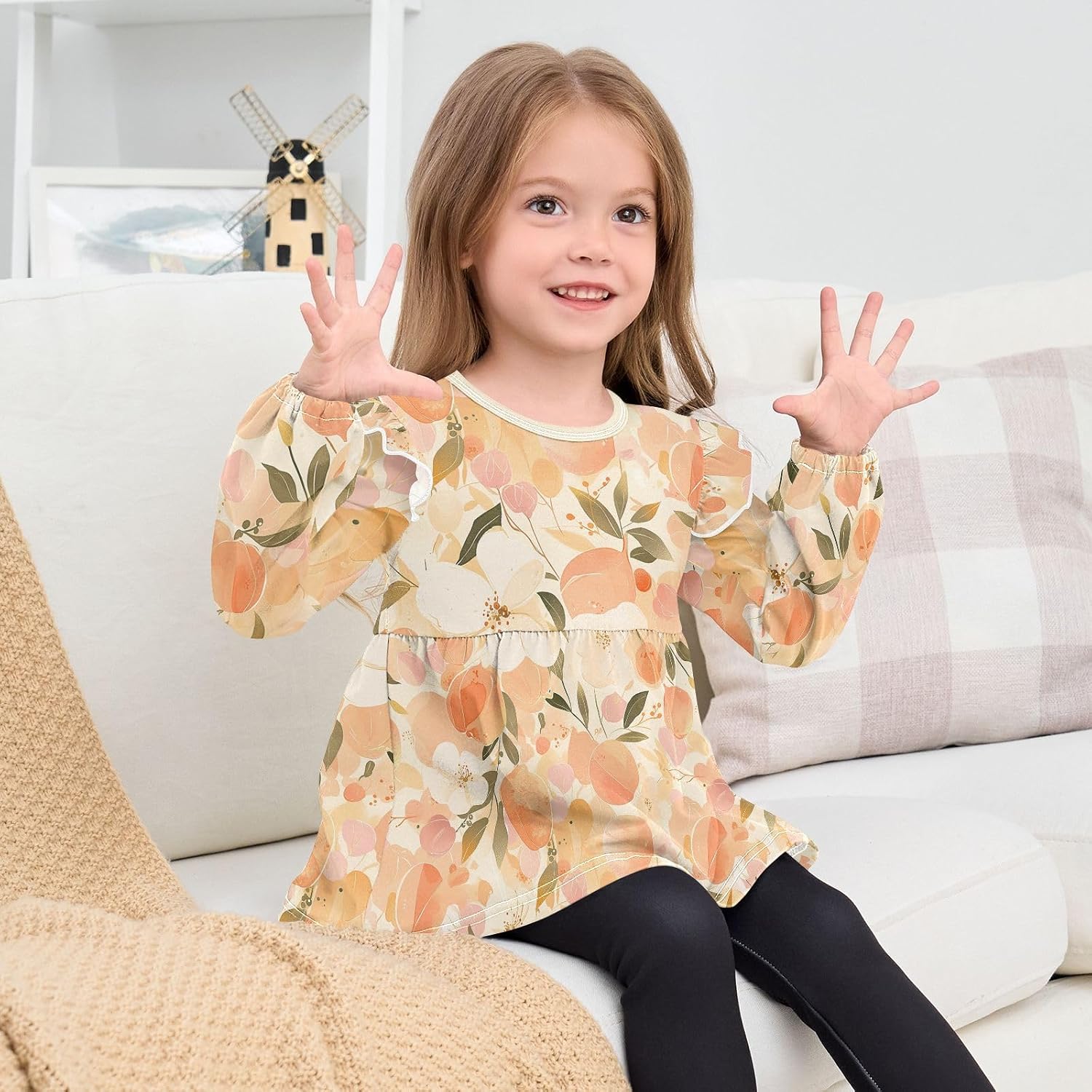 visesunny Toddler Clothes for Girls Watercolor Leaf Tulip Flower Long Sleeve Fall Shirts Cotton Top with Ruffle Collar