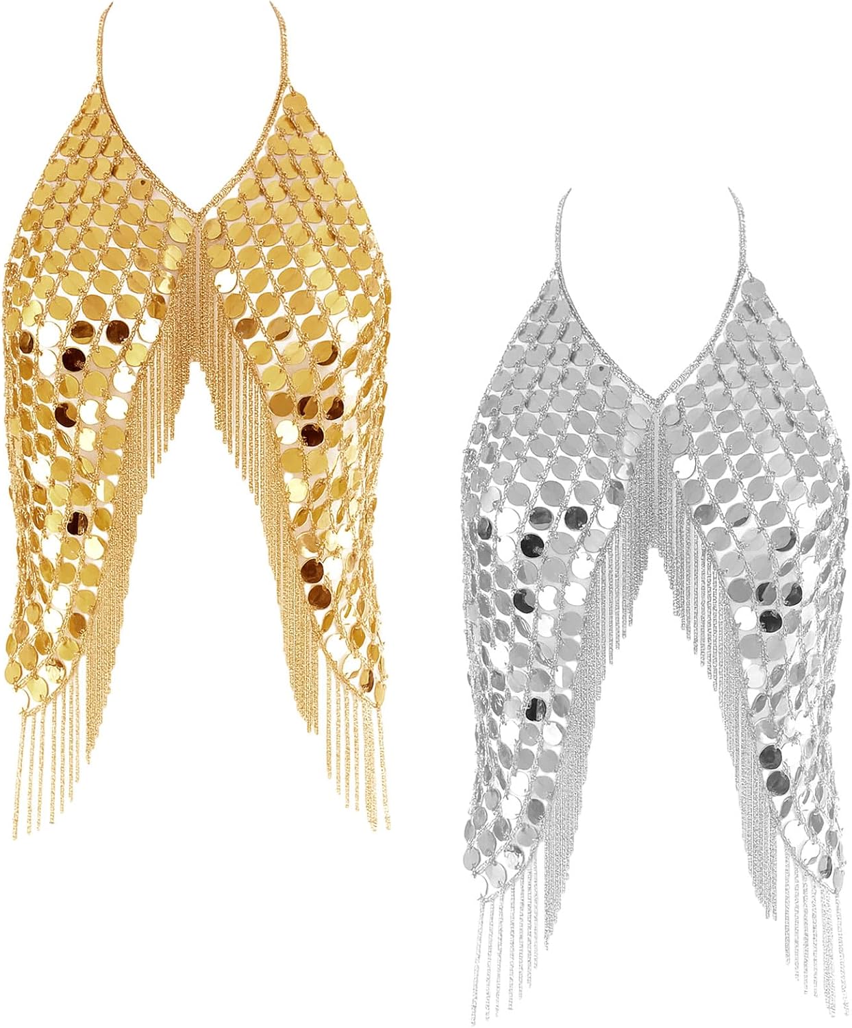 Quelay 2 Pack Women's Body Chain Sequins Bra, Reusable Multi Layer Chest Top for Dance Carnival Party Rave Festival