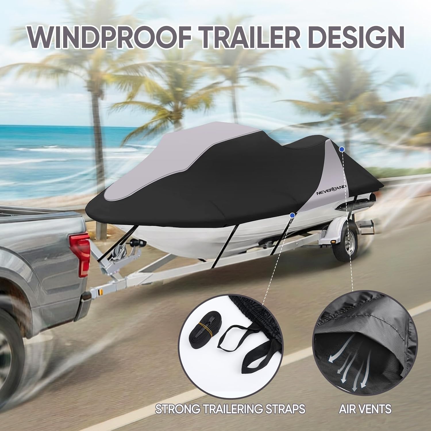 NEVERLAND Jet Ski Cover Waterproof - Compatible with Yamaha Seadoo, Jetski Covers 2 3 Seater UV Resistant, 420D Heavy Duty Jetski Cover with 2 Air Vents Personal Watercraft Cover 115" to 120"(Grey)