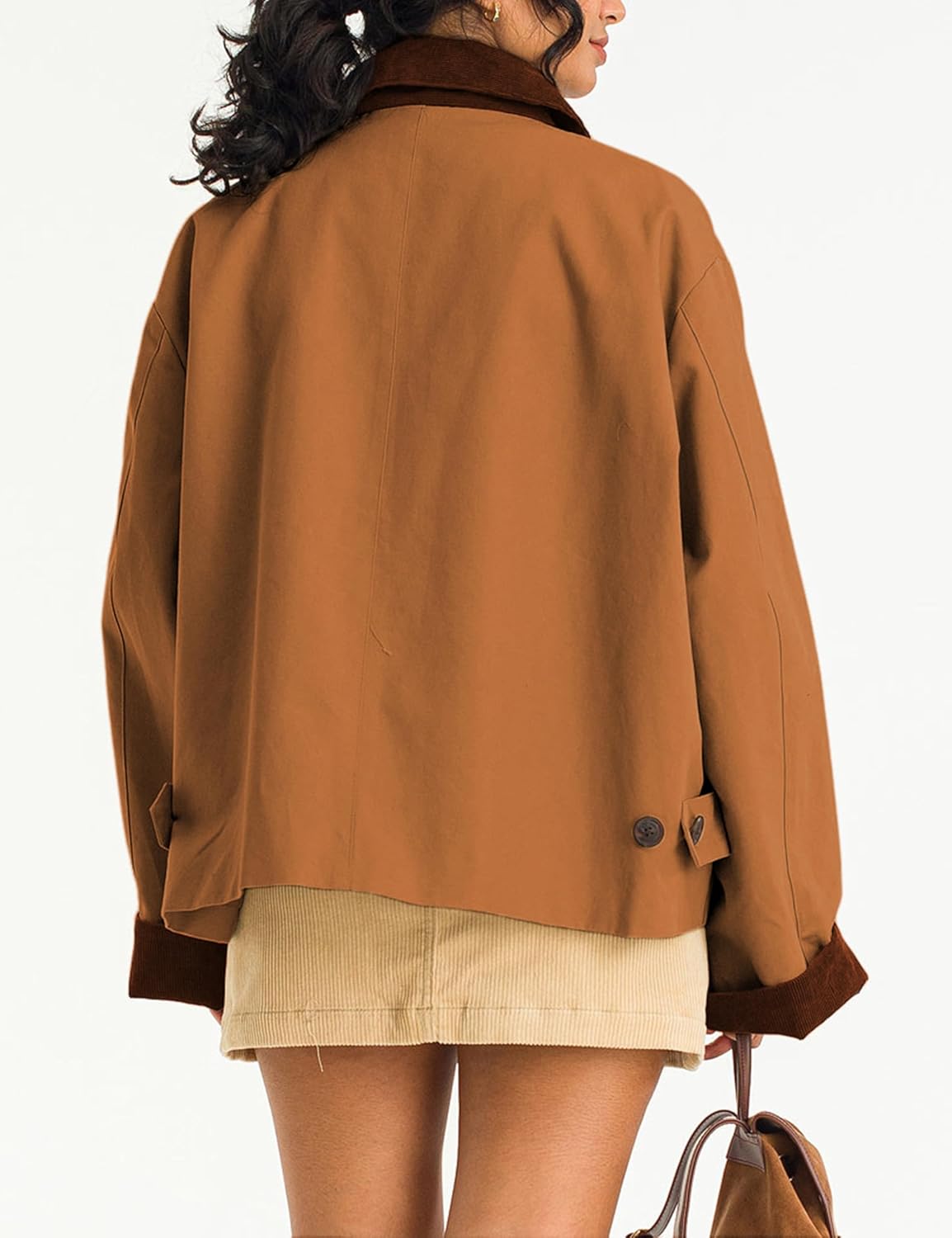 Lviefent Womens Contrast Collar Jacket Casual Button Down Long Sleeves Crop Trench Coat Outerwear with Pockets