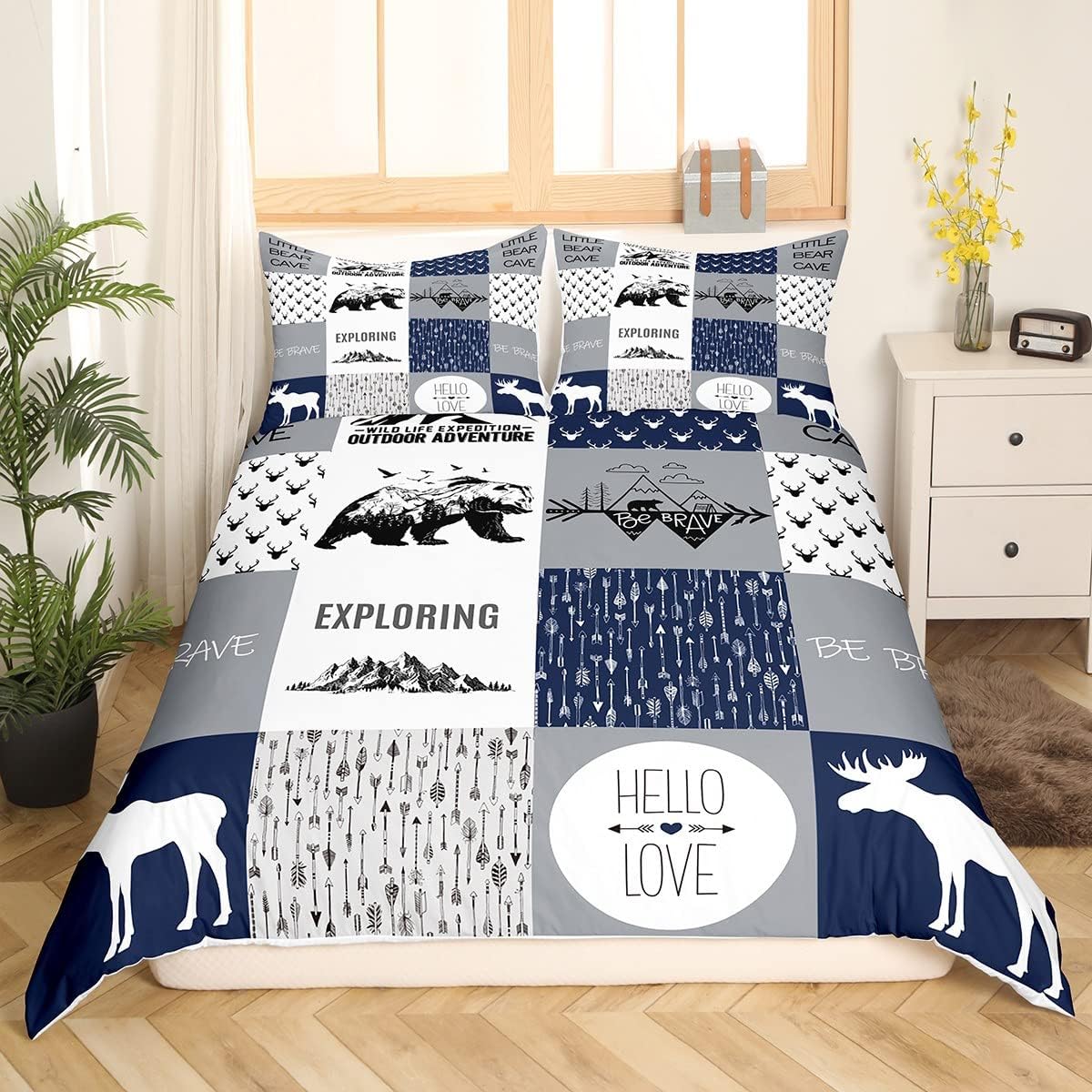 Feelyou Bear Deer Duvet Cover Set Hunting and Camping Bedding Set Kids Boys Girls Deer Antler Comforter Cover Rustic Cabin Plaid Quilt Cover 1 Duvet Cover with 2 Pillowcases Full Size (No Comforter)