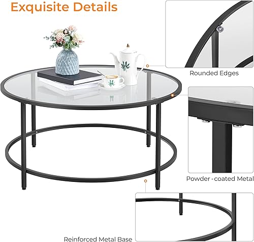 Miniatura 26 de Yaheetech Mesa de centro de cristal dorado para sala de estar, mesa de centro redonda de vidrio de 36 pulgadas con marco de metal, mesa de centro