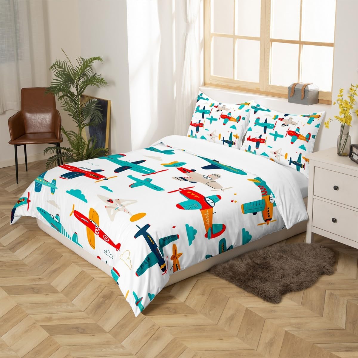 Feelyou Aircraft Comforter Cover Set for Boys Kids Child Helicopter Print Bedding Set,Cartoon Airplane Flying Duvet Cover Set Nursery Flying Plane Travel Colorful Decor 3 Pcs King Size