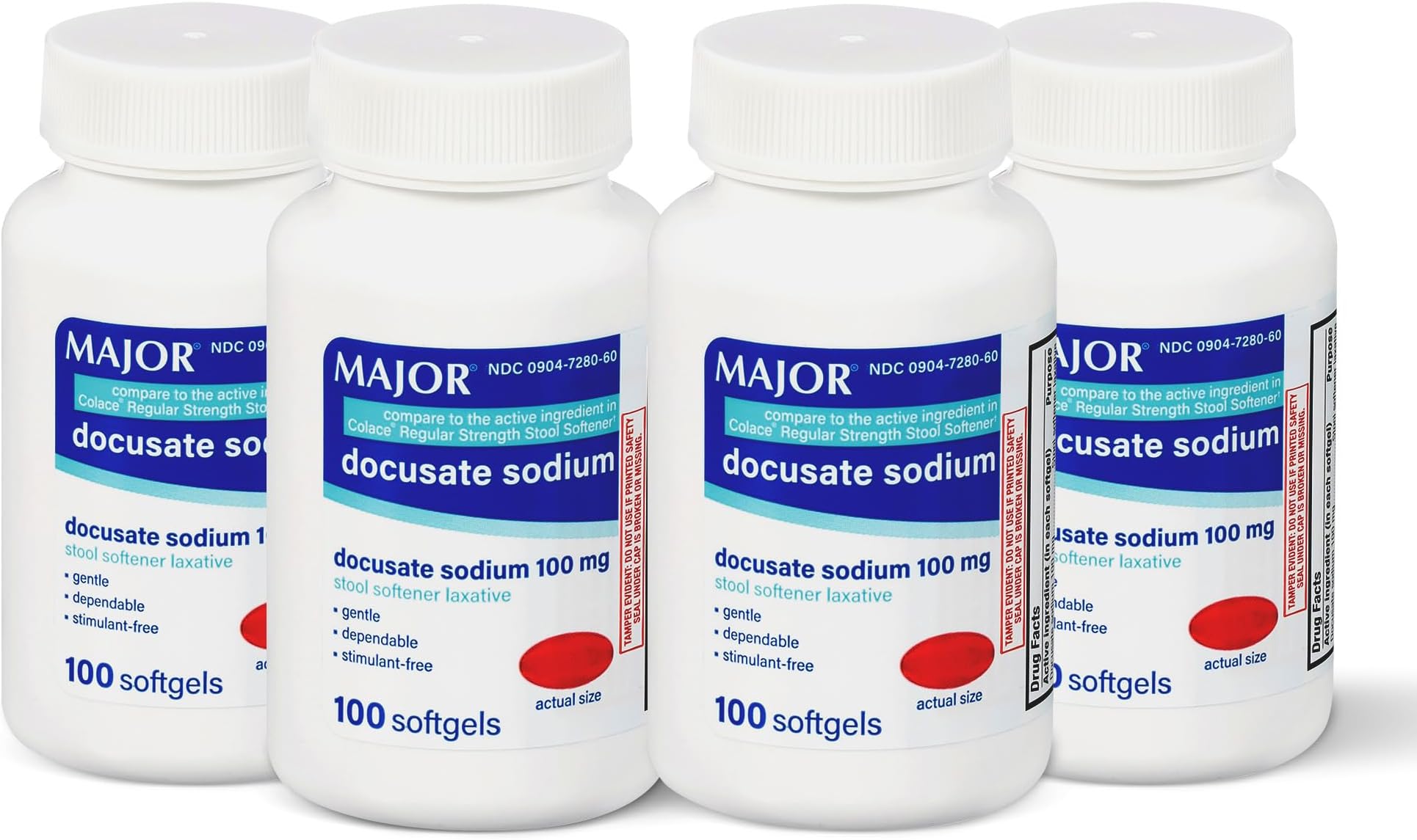 MAJOR Docusate Sodium 100mg Stimulant-Free Laxative, 100 Count (4-Pack) | Stool Softener Laxative for Occasional Constipation Relief, Gentle & Dependable, Produces Bowel Movement Within 12-72 hours