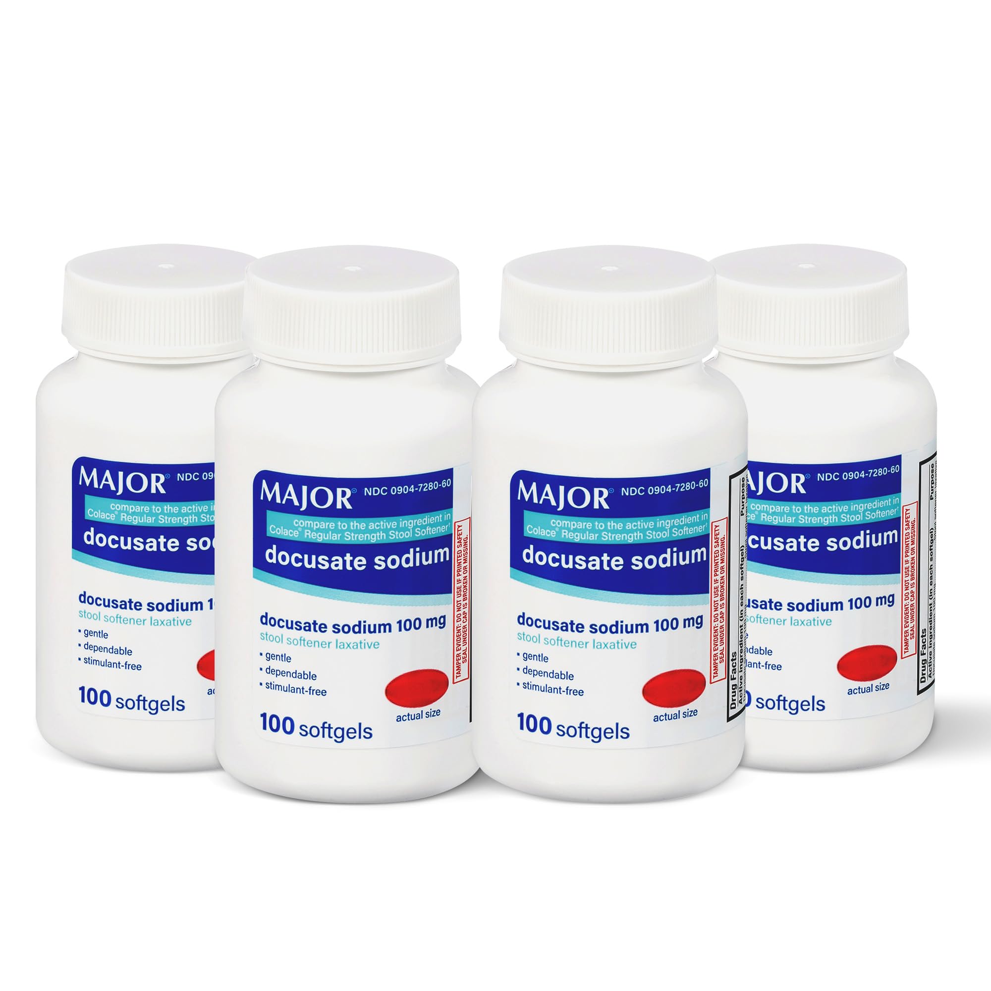 MAJOR Docusate Sodium 100mg Softgels, Stool Softener Laxative for Occasional Constipation Relief - Gentle, Dependable, Stimulant-Free, 100 Count (4-Pack)