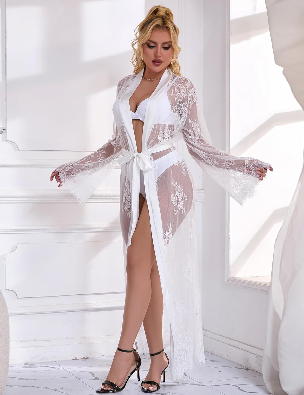 comeondear Sexy Lace Sheer Robe for Women Plus Size See Through Lace Nightgown Sheer Swimsuit Cover Up with Belt - Image 6