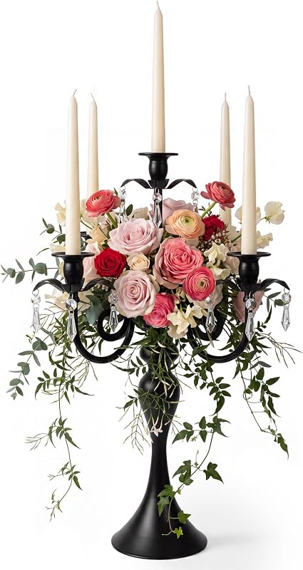 20''Tall Black Crystal Pendant Taper Candle Holders/Stylish Candle Stands/Candlesticks Holder/Candelabra for Home Decor, Weddings/Parties/Elegant Dining Table Centerpiece (1, Black)