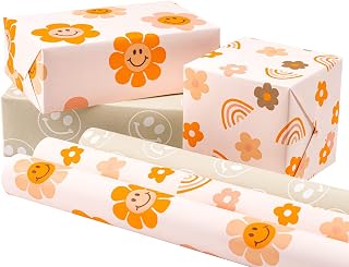RUSPEPA Kraft Wrapping Paper Rolls for Baby Shower, Birthday- 17 inches x 10 feet per Roll, Total of 3 Rolls, Smiley Face and Rainbow