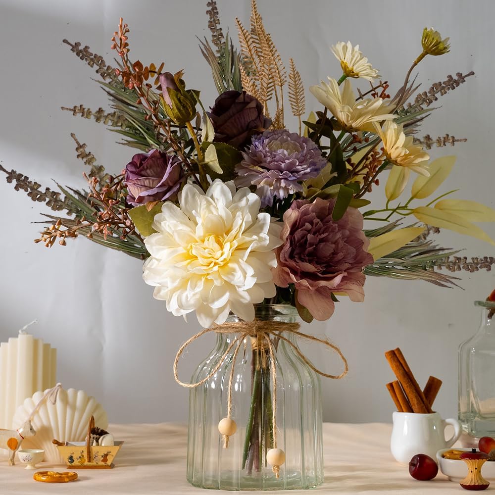 LESING Dahlia Flower Aritificial Flower with Vase Fake Silk Flowers in Glass Vase Faux Rose Flowers Arrangement for Home Office Table Centerpiece Decoration (Purple)